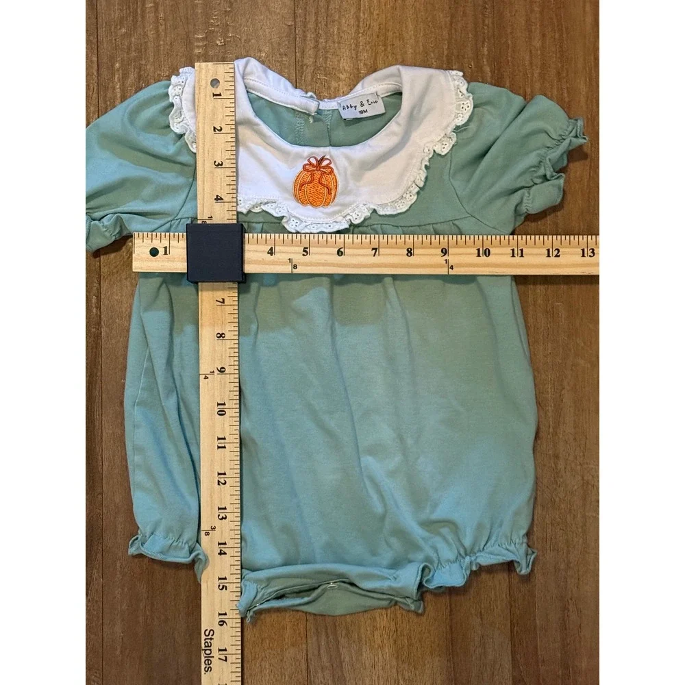 Abby & Erie Girls Sage Green Pumpkin Embroidered Peter Pan Collar Romper 18M - Picture 3 of 6